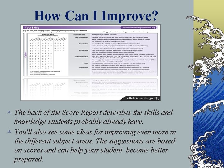 How Can I Improve? © The back of the Score Report describes the skills