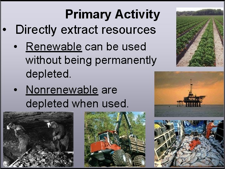 Primary Activity • Directly extract resources • Renewable can be used without being permanently