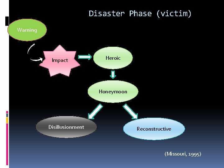 Disaster Phase (victim) Warning Impact Heroic Honeymoon Disillusionment Reconstructive (Missouri, 1995) 