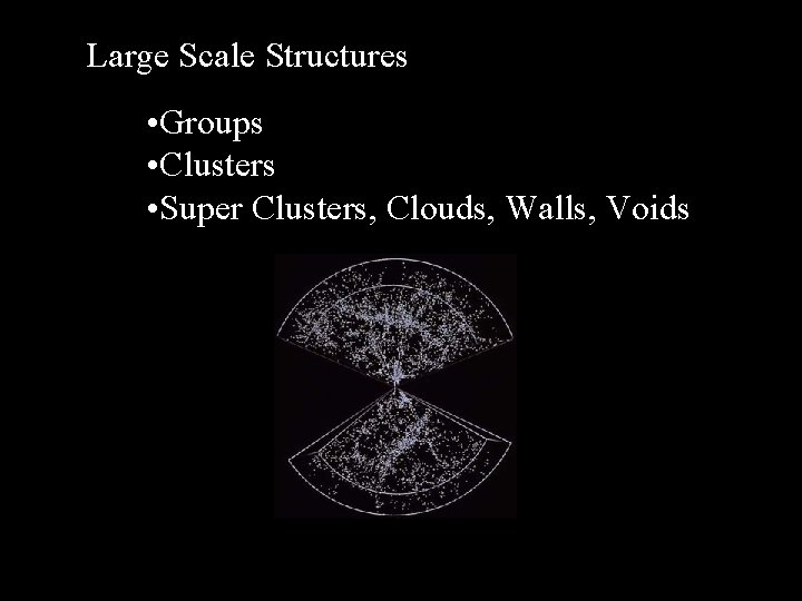 Large Scale Structures • Groups • Clusters • Super Clusters, Clouds, Walls, Voids 