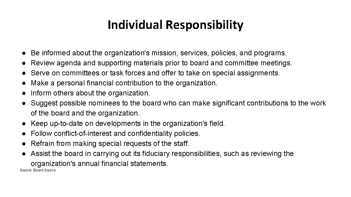 Individual Responsibility ● ● ● ● ● Be informed about the organization's mission, services,