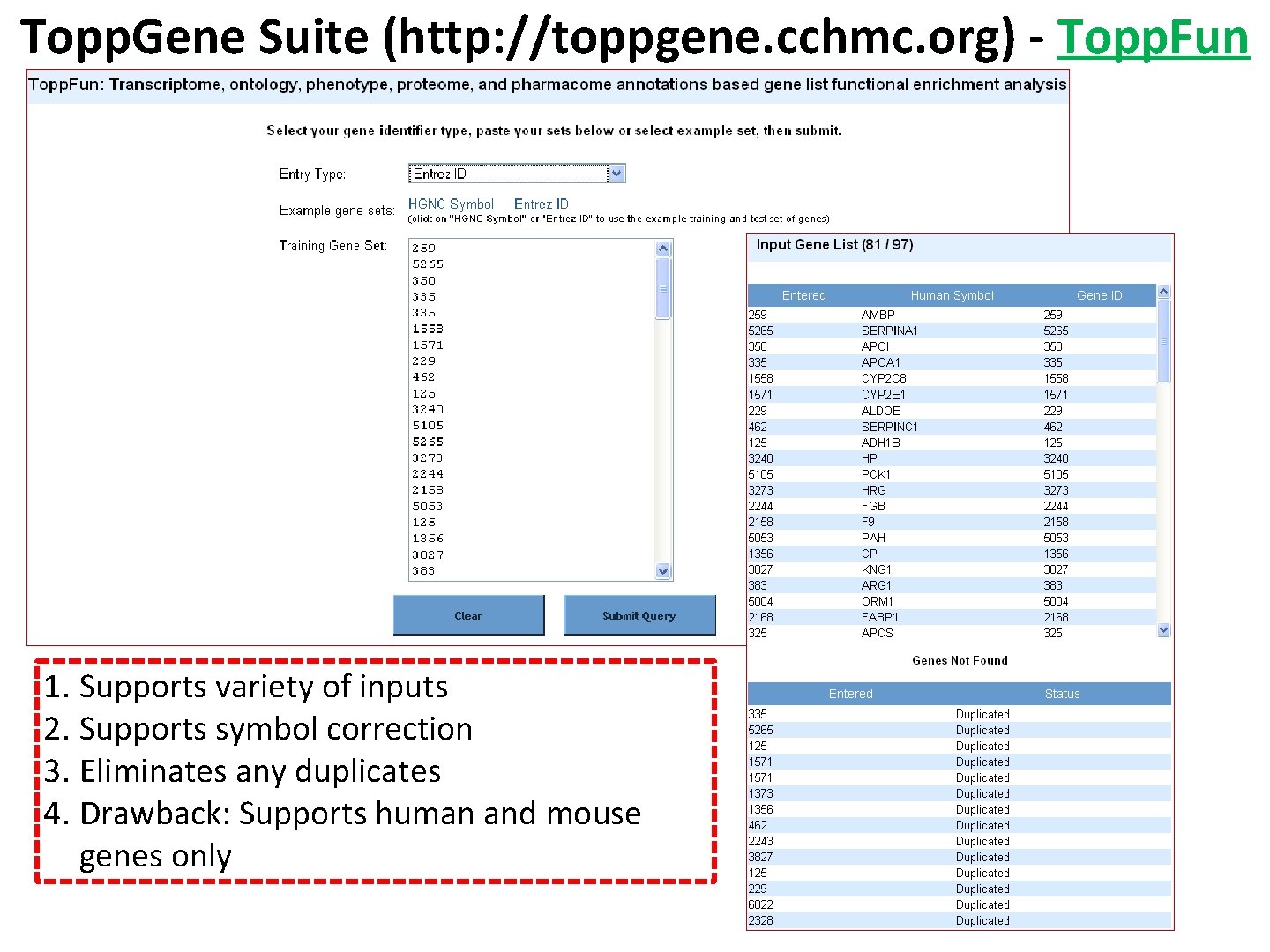 Topp. Gene Suite (http: //toppgene. cchmc. org) - Topp. Fun 1. Supports variety of