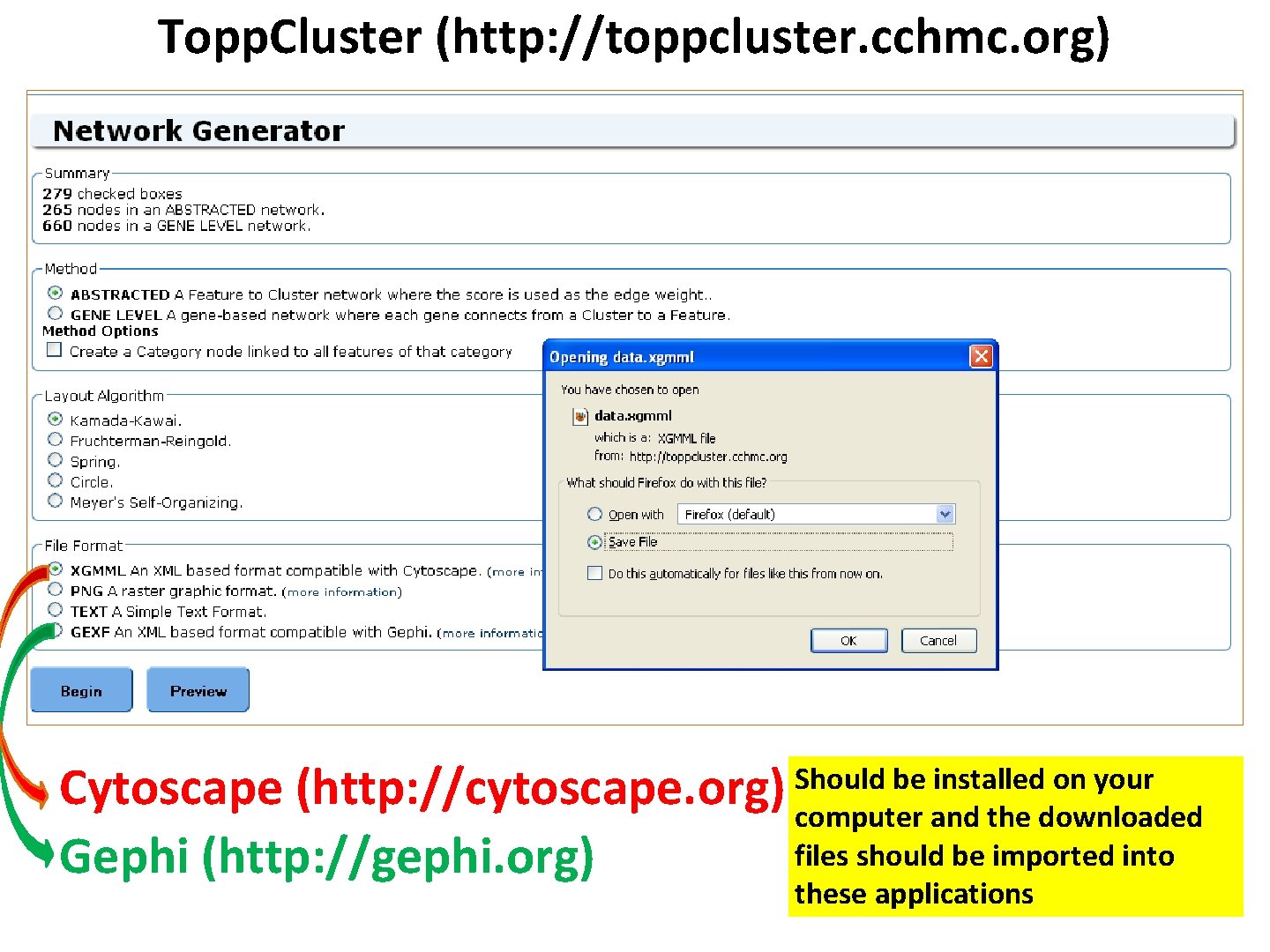 Topp. Cluster (http: //toppcluster. cchmc. org) Cytoscape (http: //cytoscape. org) Gephi (http: //gephi. org)