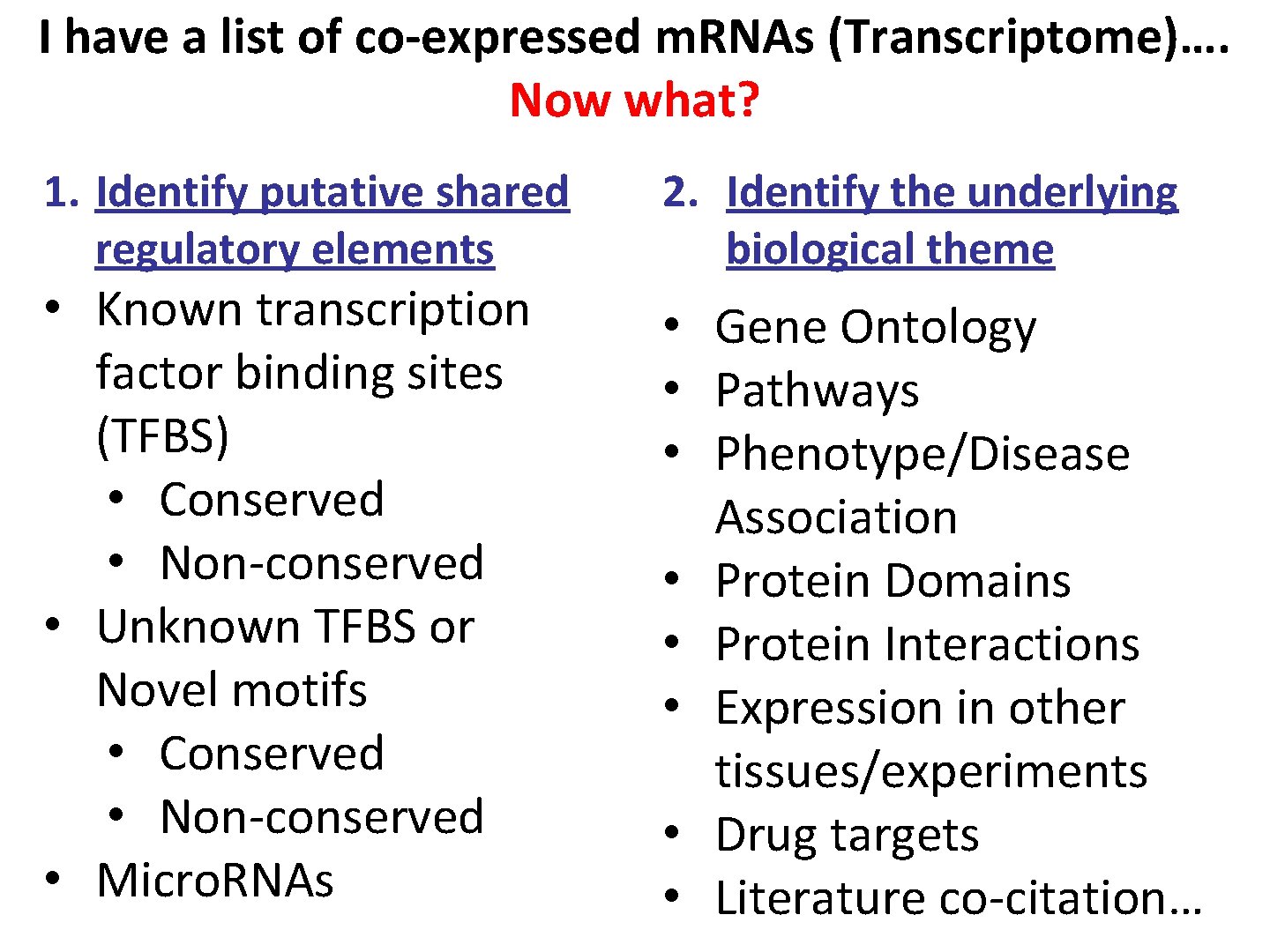 I have a list of co-expressed m. RNAs (Transcriptome)…. Now what? 1. Identify putative