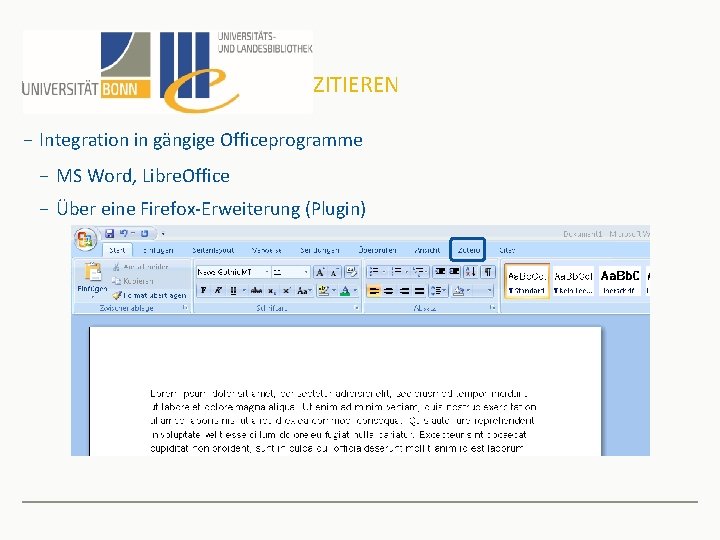 ZITIEREN − Integration in gängige Officeprogramme − MS Word, Libre. Office − Über eine
