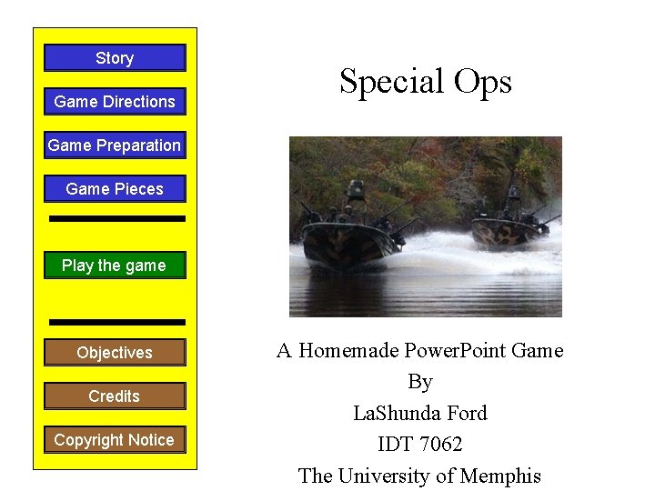 Story Game Directions Special Ops Game Preparation Game Pieces Play the game Objectives Credits