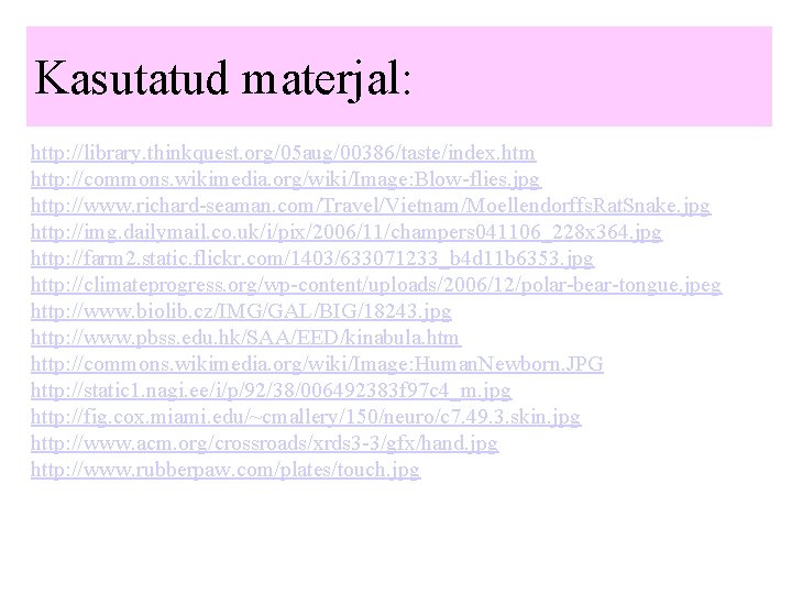 Kasutatud materjal: http: //library. thinkquest. org/05 aug/00386/taste/index. htm http: //commons. wikimedia. org/wiki/Image: Blow-flies. jpg