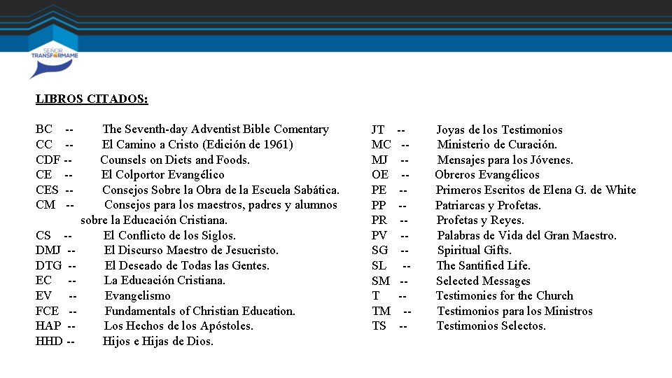 LIBROS CITADOS: BC -CDF -CES -CM -- The Seventh-day Adventist Bible Comentary El Camino LIBROS CITADOS: BC -CDF -CES -CM -- The Seventh-day Adventist Bible Comentary El Camino
