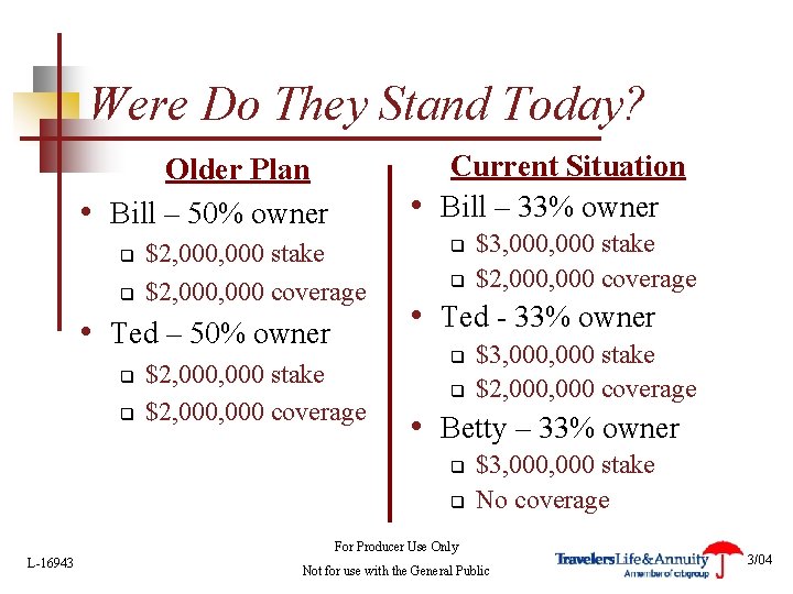 Were Do They Stand Today? Current Situation • Bill – 33% owner Older Plan