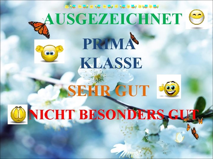 AUSGEZEICHNET PRIMA KLASSE SEHR GUT NICHT BESONDERS GUT 