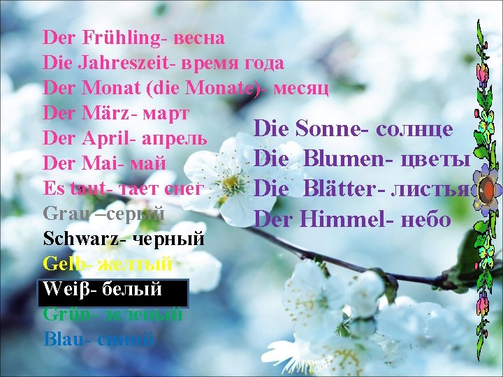 Der Frühling- весна Die Jahreszeit- время года Der Monat (die Monate)- месяц Der März-