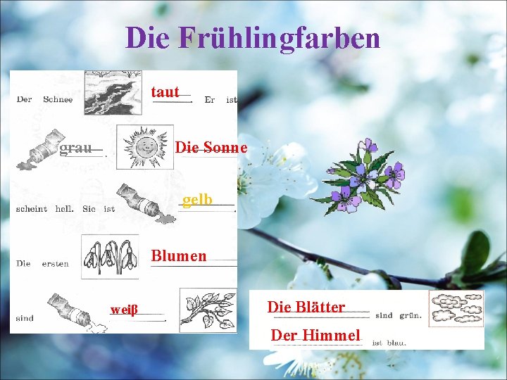 Die Frühlingfarben taut Die Sonne grau gelb Blumen weiβ Die Blätter Der Himmel 