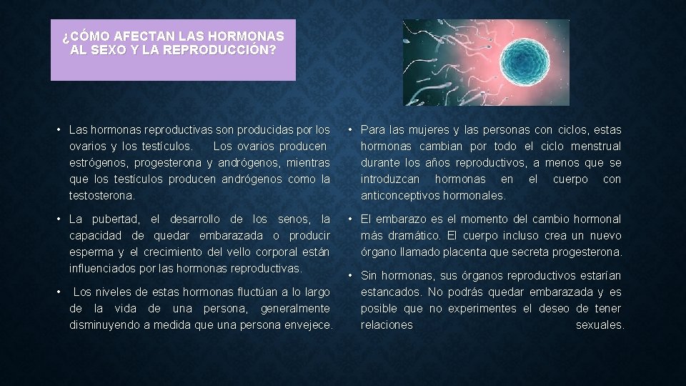 ¿CÓMO AFECTAN LAS HORMONAS AL SEXO Y LA REPRODUCCIÓN? • Las hormonas reproductivas son