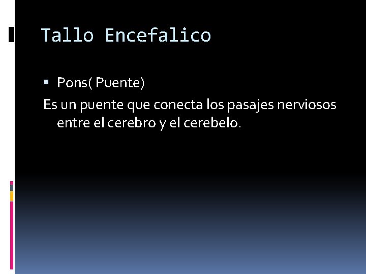 Tallo Encefalico Pons( Puente) Es un puente que conecta los pasajes nerviosos entre el