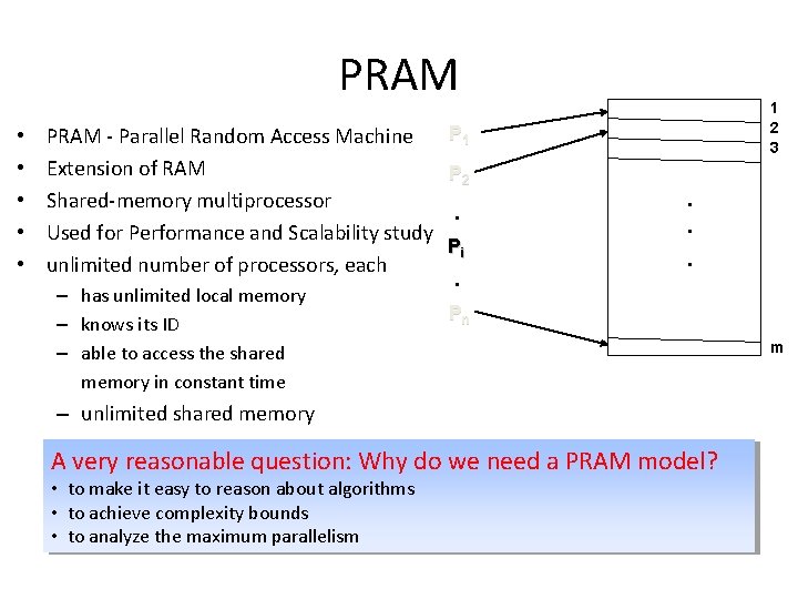PRAM • • • PRAM - Parallel Random Access Machine Extension of RAM Shared-memory