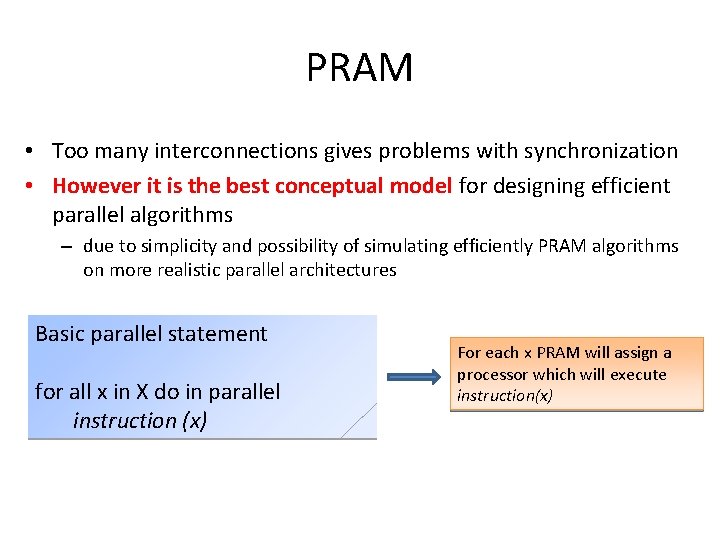 PRAM • Too many interconnections gives problems with synchronization • However it is the