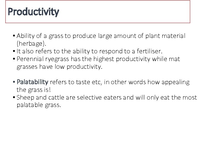 Productivity • Ability of a grass to produce large amount of plant material (herbage).