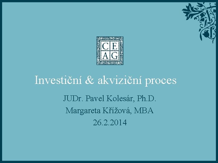 Investiční & akviziční proces JUDr. Pavel Kolesár, Ph. D. Margareta Křížová, MBA 26. 2.