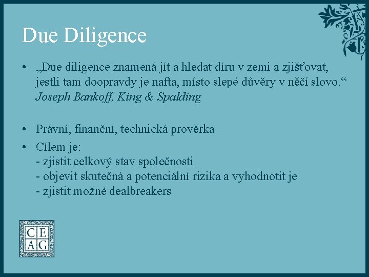 Due Diligence • „Due diligence znamená jít a hledat díru v zemi a zjišťovat,