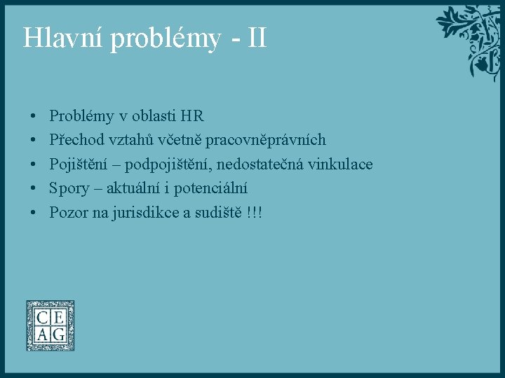 Hlavní problémy - II • • • Problémy v oblasti HR Přechod vztahů včetně