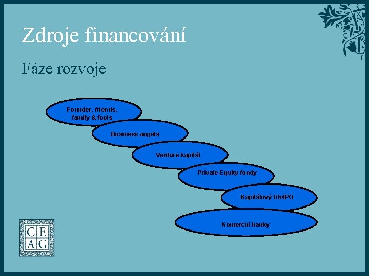 Zdroje financování Fáze rozvoje Founder, friends, family & fools Business angels Venture kapitál Private