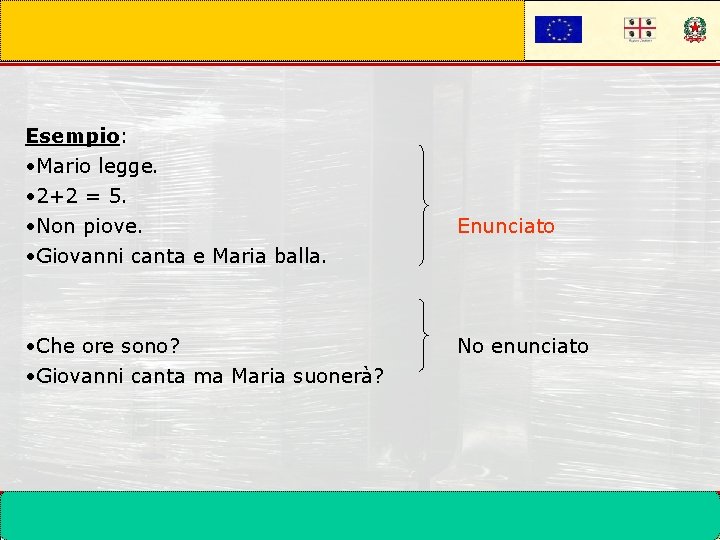 Esempio: • Mario legge. • 2+2 = 5. • Non piove. • Giovanni canta