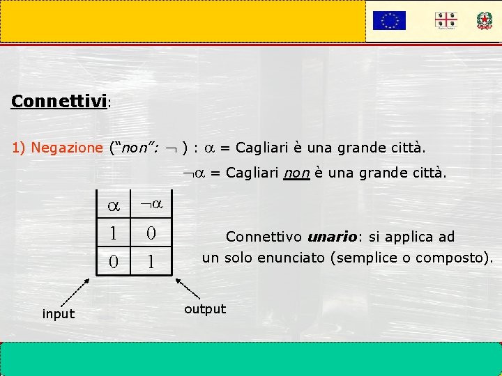 Connettivi: 1) Negazione (“non”: 1 0 input ) : = Cagliari è una grande