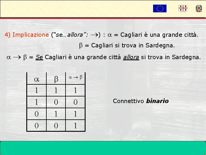 4) Implicazione (“se…allora”: ) : = Cagliari è una grande città. = Cagliari si