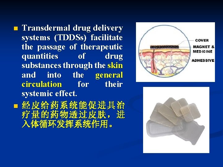 n n Transdermal drug delivery systems (TDDSs) facilitate the passage of therapeutic quantities of