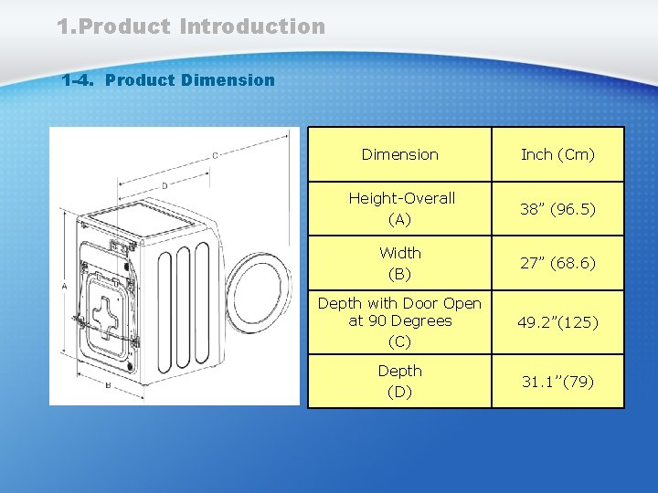 1. Product Introduction 1 -4. Product Dimension Inch (Cm) Height-Overall (A) 38” (96. 5)