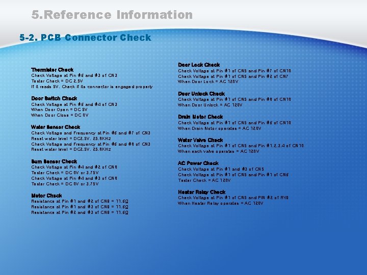 5. Reference Information 5 -2. PCB Connector Check Thermistor Check Voltage at Pin #6