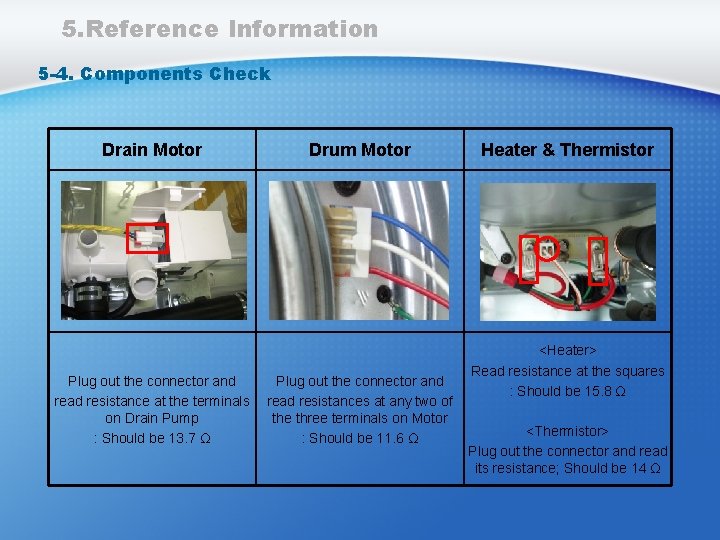 5. Reference Information 5 -4. Components Check Drain Motor Plug out the connector and