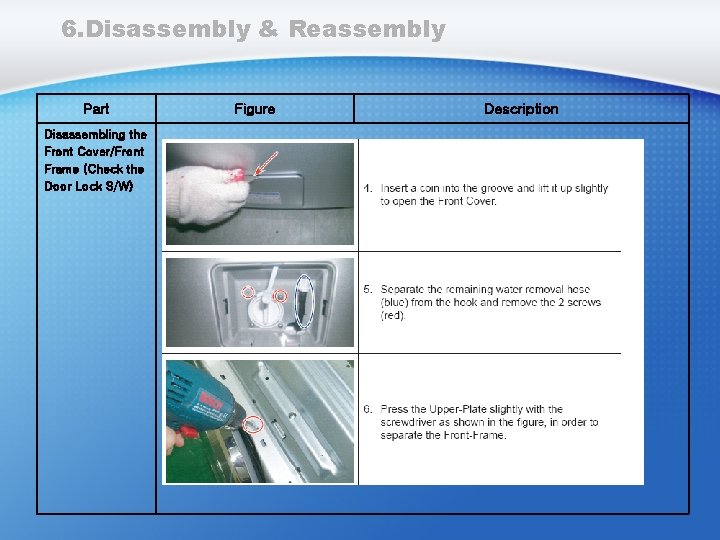 6. Disassembly & Reassembly Part Disassembling the Front Cover/Front Frame (Check the Door Lock