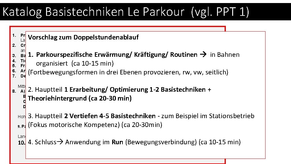 Katalog Basistechniken Le Parkour (vgl. PPT 1) 1. 2. 3. 4. 5. 6. 7.