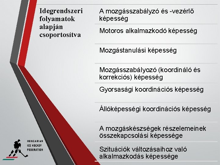 Idegrendszeri folyamatok alapján csoportosítva A mozgásszabályzó és -vezérlő képesség Motoros alkalmazkodó képesség Mozgástanulási képesség