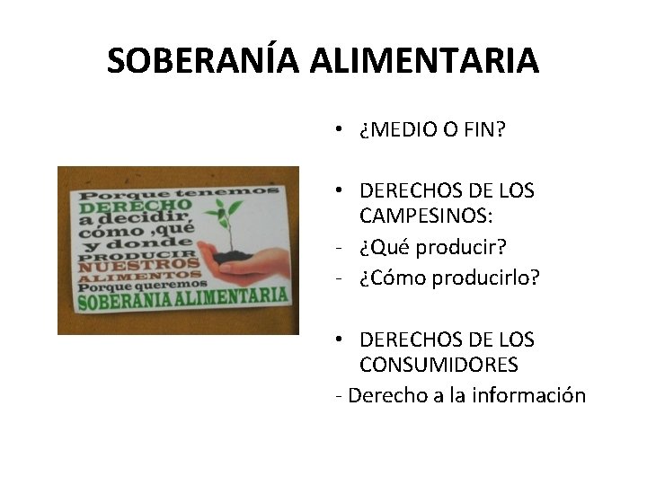 SOBERANÍA ALIMENTARIA • ¿MEDIO O FIN? • DERECHOS DE LOS CAMPESINOS: - ¿Qué producir?