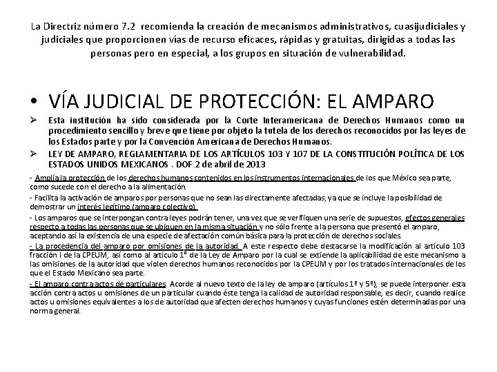 La Directriz número 7. 2 recomienda la creación de mecanismos administrativos, cuasijudiciales y judiciales