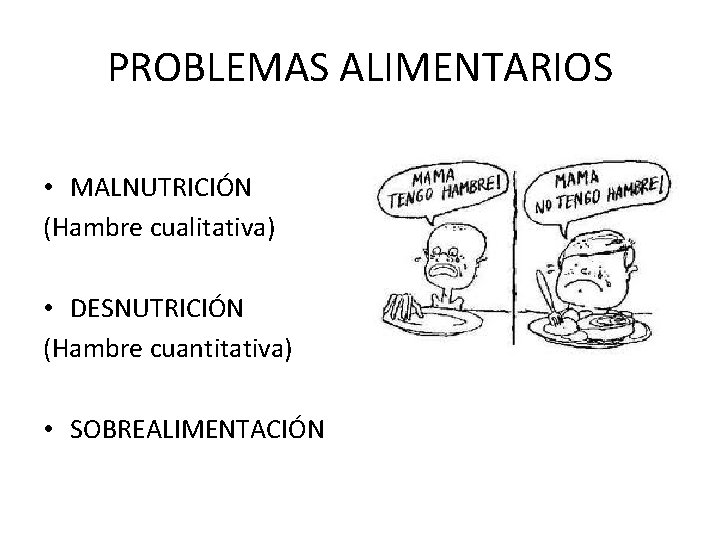 PROBLEMAS ALIMENTARIOS • MALNUTRICIÓN (Hambre cualitativa) • DESNUTRICIÓN (Hambre cuantitativa) • SOBREALIMENTACIÓN 