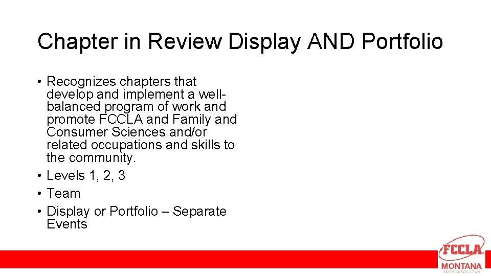 Chapter in Review Display AND Portfolio • Recognizes chapters that develop and implement a