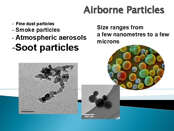 Airborne Particles - Fine dust particles - Smoke particles - Atmospheric aerosols -Soot particles