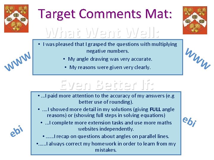 Target Comments Mat: What Went Well: W W W i b e • I