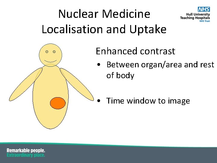 Nuclear Medicine Localisation and Uptake Enhanced contrast • Between organ/area and rest of body Nuclear Medicine Localisation and Uptake Enhanced contrast • Between organ/area and rest of body