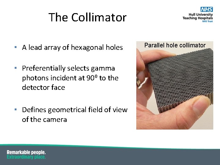 The Collimator ▪ A lead array of hexagonal holes ▪ Preferentially selects gamma photons The Collimator ▪ A lead array of hexagonal holes ▪ Preferentially selects gamma photons
