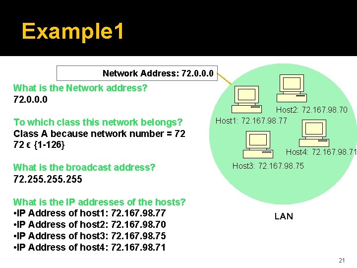 Example 1 Network Address: 72. 0. 0. 0 What is the Network address? 72.