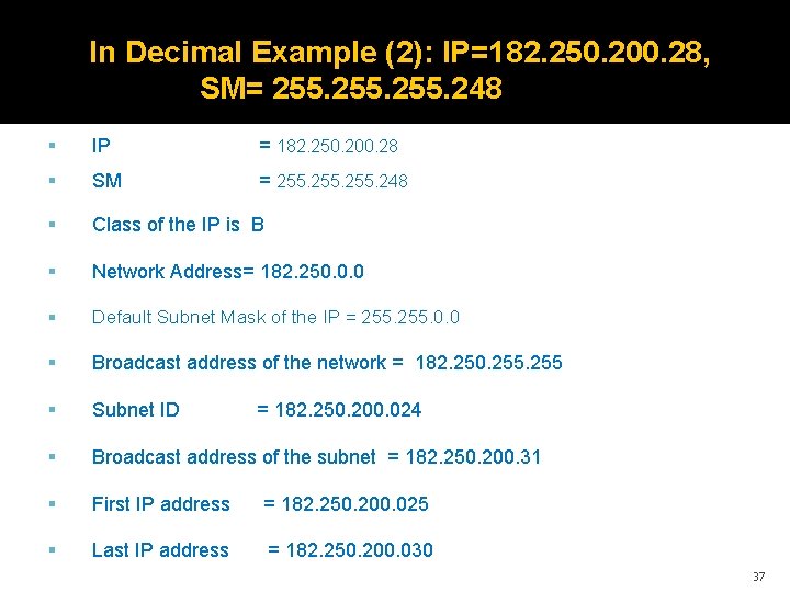 In Decimal Example (2): IP=182. 250. 200. 28, SM= 255. 248 IP = 182.