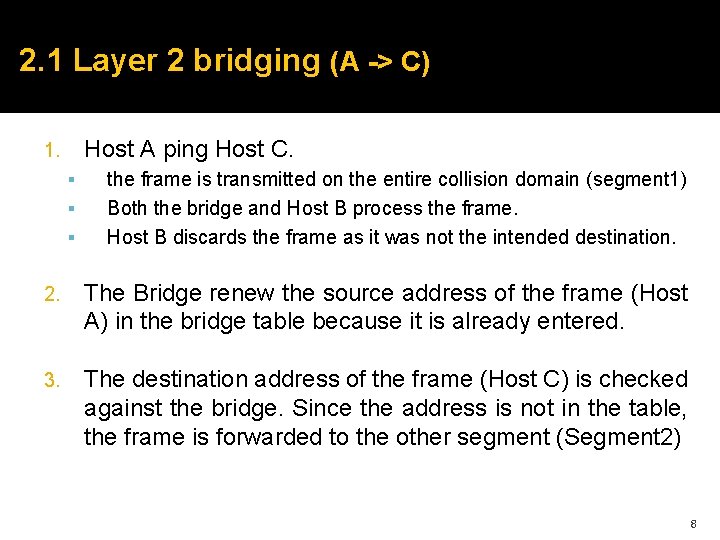 2. 1 Layer 2 bridging (A -> C) Host A ping Host C. 1.