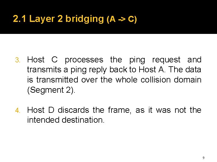 2. 1 Layer 2 bridging (A -> C) 3. Host C processes the ping