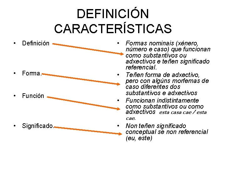 DEFINICIÓN CARACTERÍSTICAS • Definición • Forma. • Función • Significado. • Formas nominais (xénero,