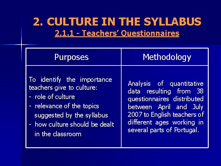 2. CULTURE IN THE SYLLABUS 2. 1. 1 - Teachers’ Questionnaires Purposes Methodology To