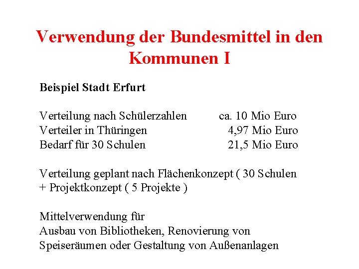 Verwendung der Bundesmittel in den Kommunen I Beispiel Stadt Erfurt Verteilung nach Schülerzahlen Verteiler